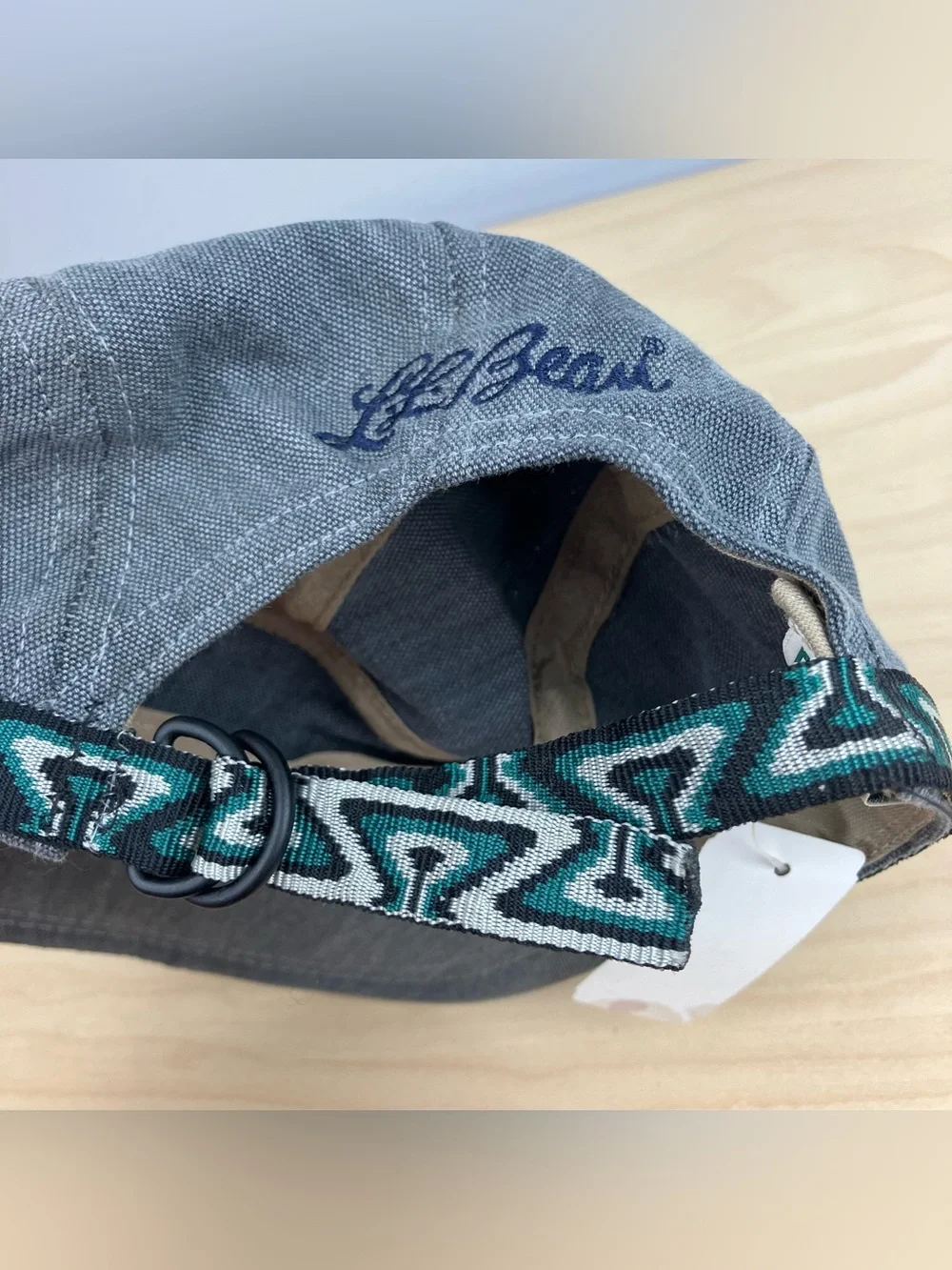 Vintage L.L. Bean 5 Panel Adventure Strapback Hat Script Logo Gray Aztec NOS.